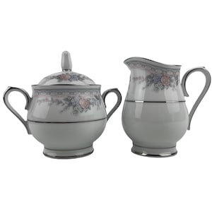 Noritake Bridal Waltz Lidded Sugar Bowl and Creamer Vintage 4109 Pink Blue White Floral Platinum Trim