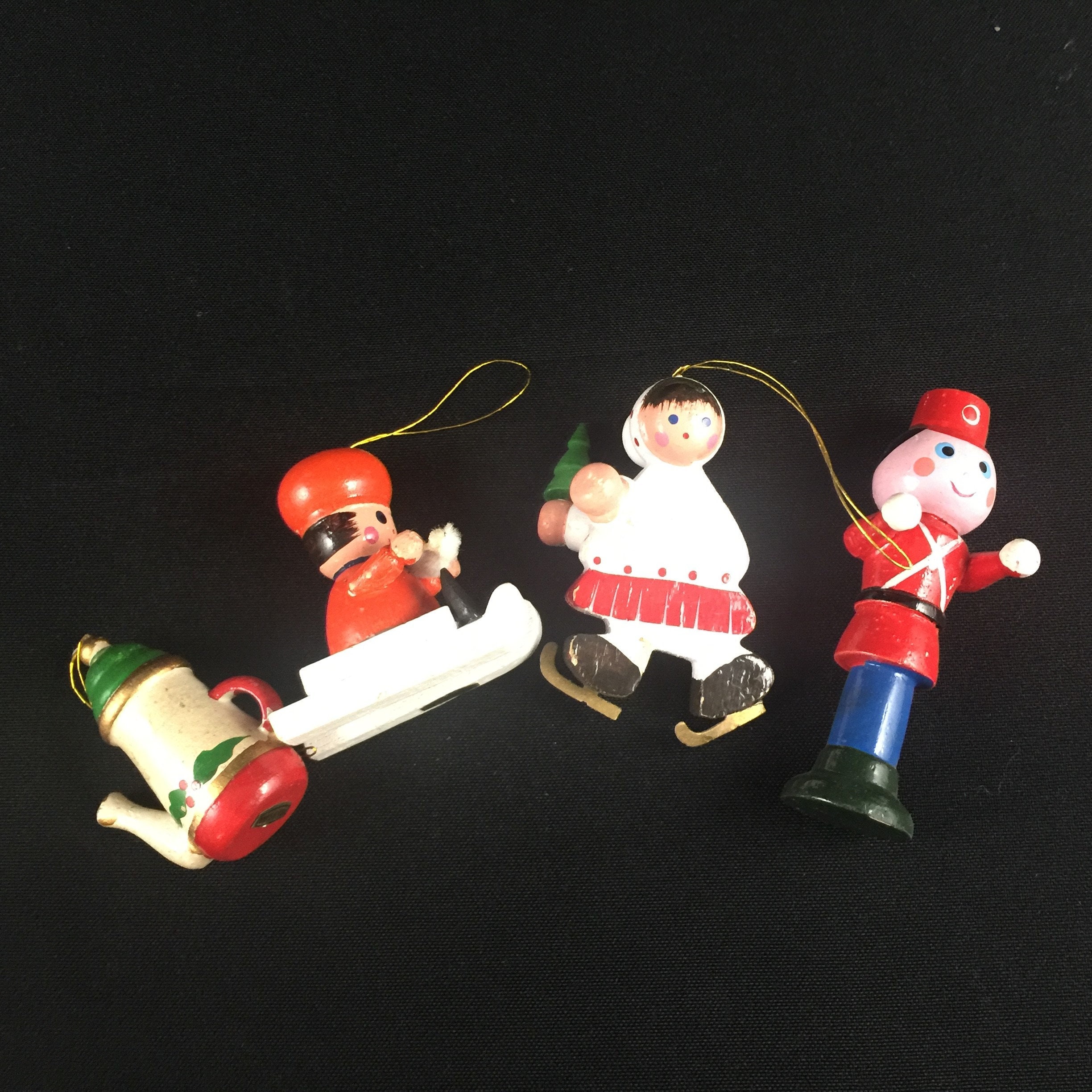 Wooden Christmas Tree Ornaments Vintage Lot of 6; Mice,Ice skater, Sled