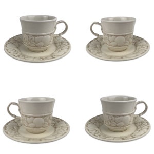 Metlox Vernon Antiqua Cups and Saucers Lot of 4 Vintage Poppy Trail Embossed Fruit and Berry California Pottery Made in USA B