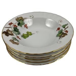 Harmony House China Autumn Fruit Dessert Bowls Set of 5 Vintage 5 1/2&quot; Leaves and Berries Gold Trim Made in Japan