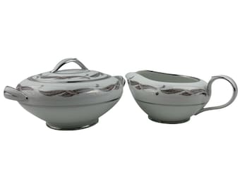 Noritake Gaylord Lidded Sugar Bowl and Creamer Vintage 5526 Silver Leaves on Rim Platinum Trim Made in Japan 1950's