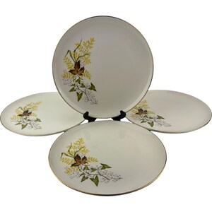 Taylor-Smith-Taylor Leaf O'Gold middagstallrikar set med 4 vintage 25 cm mångsidiga blad med bruna och gula gulddetaljer tillverkade i USA