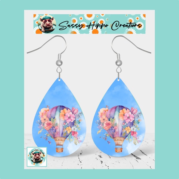 Earrings Colorful Hot Air Balloons Flowers Blue Sky Sublimated Printed on MDF with Hook Backs by Sassy Hippo Creations