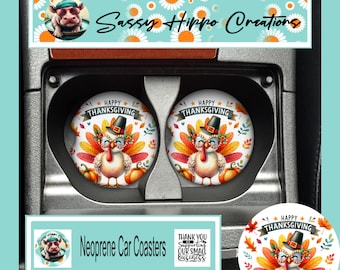 Car Coasters Happy Thanksgiving Turkey Pumpkin Fall Leaves Set of 2 Neoprene Absorbent Hand Sublimated by Sassy Hippo Creations