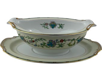 Noritake Norwich Gravy Boat with Attached Underplate Vintage 5042 Multi Floral Cream Band Gold Trim Made in Japan