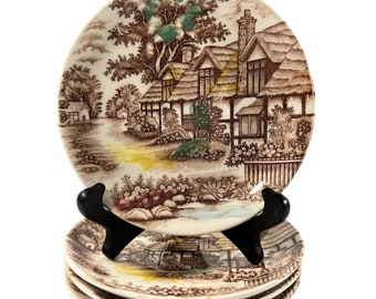 World Wide Quality English Cottage Saucer Plates Set of 4 Vintage 5 3/4" English Countryside Scenes Made in Japan