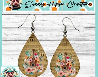Earrings Teardrop Silver Hook Backs Sheet Music Flowers Guitar Musical Printed on MDF Hand Sublimated by Sassy Hippo Creations