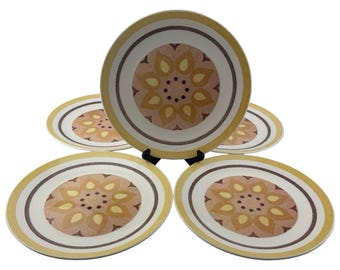 Taylor Smith Taylor Yellow Star Dinner Plates Set of 5 Vintage 10 1/4" Ironstone Brown Yellow Bands Flower Center Made in USA