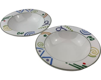 Mikasa graffiti rand fruitschalen set van 2 vintage 6 1/4" Ultima + sterke porseleinen kronkels en lijnen