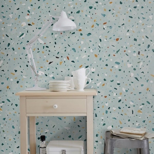 Neutral Light Green Terrazzo Wallpaper |  Mosaic Wall mural | Peel and stick | Modern Home Decor | Self adhesive Concrete wall decor #166