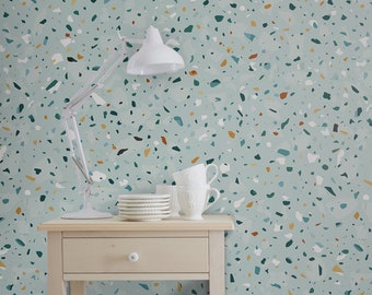 Papier peint terrazzo vert clair neutre | Papier peint mosaïque | Peler et coller | Décoration d'intérieur moderne | Décoration murale en béton auto-adhésive #166