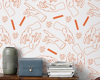 Orange Lineart Hands Shapes Simple, Removable Wallpaper, Peel Off Sticker, Temporary Wall Decor, Minimalism, Cubism Art Print, White #06KL