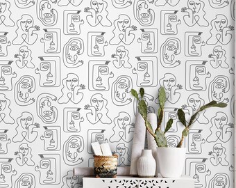 Monochrome Smooth Lines Scenic Abstract Expression, Self-Adhesive Wallpaper, Peel And Stick Material, Black, White, Faces, Cubism Art #08KL