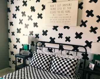 Noughts and Crosses pattern, minimalistic brush strokes, simple wallpaper, X black and white, reusable, removable, self adhesive #103