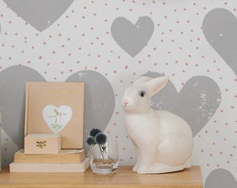 Hearts Removable Wallpaper, Cute Pattern Wallpaper, Gray Self-Adhesive Wallpaper, Peel and stick Wallpaper  #141