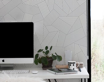 Abstract Line Removable Wallpaper, Grey Scandinavian  Temporary Wall Covering, Scandinavian Self Adhesive Wall Sticker, #100