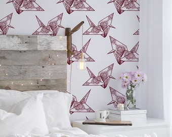 Subtle origami bird pattern, geometric, white and maroon wall mural, reusable, removable, self adhesive #86