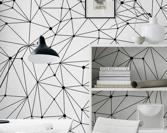 Minimalistic constellations wallpaper, black and white, lines wall mural, dots, scandinavian style, reusable, removable #92