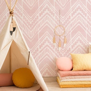 May include: A pink and white chevron patterned wallpaper with a teepee and pillows in a nursery or playroom. The text on the image reads "Buy on patternsColoray Etsy Shop".