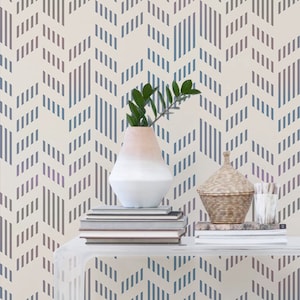 Herringbone geometric pattern, pale, muted colors, shapes, reusable, removable wall mural, self adhesive wallpaper 91 image 1