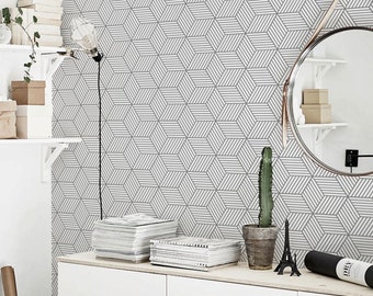 Gray geometric cubes pattern, removable wallpaper, scandinavian style #65