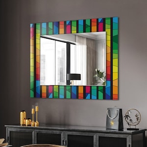 Tiras de vitrales de colores, espejo con marco verde, espejo pequeño, espejo de pared, espejo de pasillo, marco con patrón impreso
