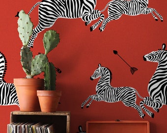 Red flying zebra wallpaper | Abstract wall decor | Jumping zebras print | Retro wall decal | Animals wallpaper  #156