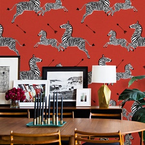 Red flying zebra wallpaper Abstract wall decor Jumping zebras print Retro wall decal Animals wallpaper 156 image 2