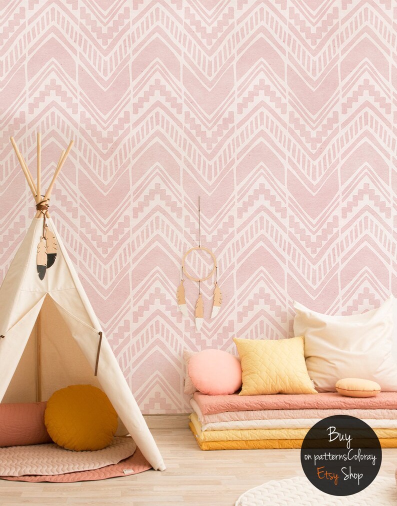 May include: A pink and white chevron patterned wallpaper with a teepee and pillows in a nursery or playroom. The text on the image reads "Buy on patternsColoray Etsy Shop".