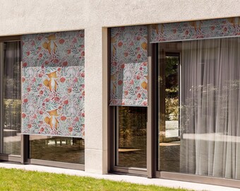 Fox Rabbit Flowers Leaves Outdoor Roller Shades, Animals Window Treatments, Multicolour Blinds, Patio Roller Blinds