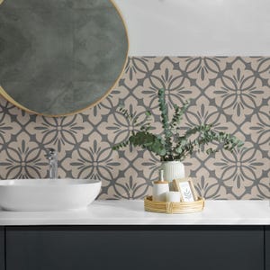 Floral Details PVC Floor Tiles, Beige Tile Stickers, Removable Tiles, Texture Tile Stickers, Kitchen Tile Stickers