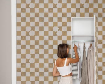 Mustard Checkerboard Peel And Stick Decal, Beige And White Self-Adhesive Furniture Foil, Geometric Wrap, Geometry Sticker