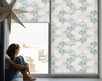 Roller Blinds, Light Diffusing or Blackout, Semicircle marble, Green and White, For children, Kitchen Window Blinds, Printed Shades