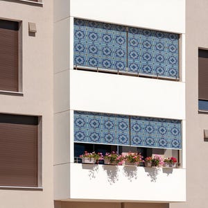 Tiles With A Blue Pattern Balcony Shades, Patterns Window Shades, Blue Blinds, Backyard Roller Blinds