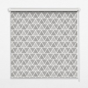 May include: A white roller blind with a geometric pattern of grey triangles. The blind is pulled up, revealing the white wall behind it.