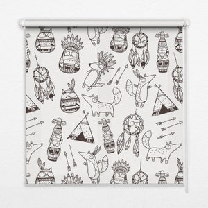 Roller Blinds, Blackout or Sheer Option, Animals in native costumes, Gray and White, For children, Natural Light Control, Printed Pattern