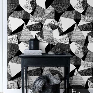 Scribbles in geometric shapes pattern, charcoal effect, triangles, monochromatic wallpaper, black and white, self adhesive wall mural #119