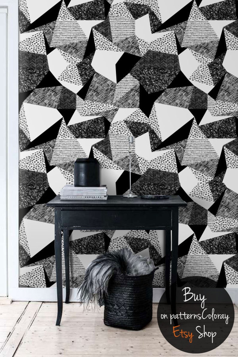Scribbles in geometric shapes pattern, charcoal effect, triangles, monochromatic wallpaper, black and white, self adhesive wall mural #119 image 1