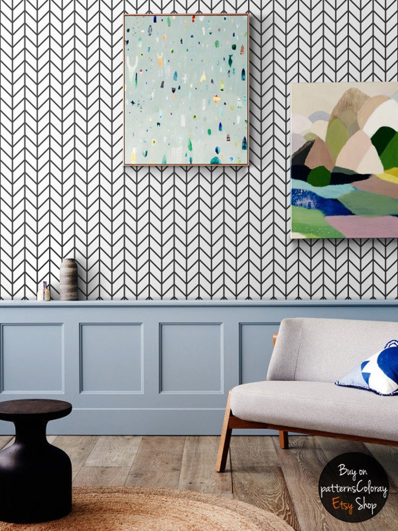 May include: A living room interior with a light blue wainscot, a black and white chevron patterned wallpaper, a gray armchair, a black side table, a natural fiber rug, and two framed abstract paintings. The text "Buy on patternsColoray Etsy Shop" is visible in the lower right corner of the image.