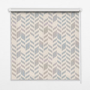 May include: A white roller shade with a geometric pattern of blue and brown chevron stripes on a beige background.