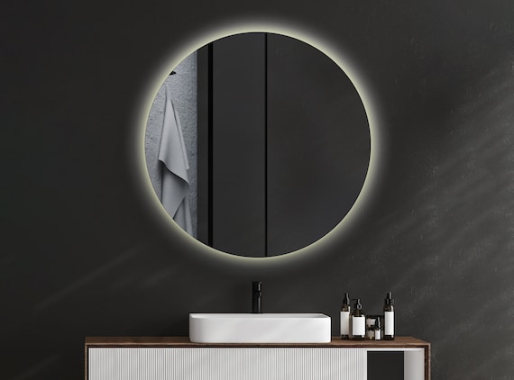 Espejo Colgante Redondo Baño, Luz LED, Espejo Led de Baño, 60 cm - Negro