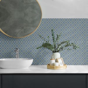 Geometric A Floral Motif PVC Floor Tiles, Blue Tile Stickers, Peel and Stick Tiles, Texture Tile Stickers, Floor Tile Stickers