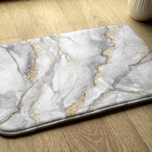 Gray Bathroom Mat, Gray Marble And Gold, Bath Runner, Artistic Pattern Non-Skid Rug, Decoration, Small Space Carpet