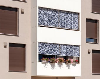 Japanese Style Pattern Outdoor Roller Shades, Retro Window Treatments, Navy Blinds, Patio Roller Blinds