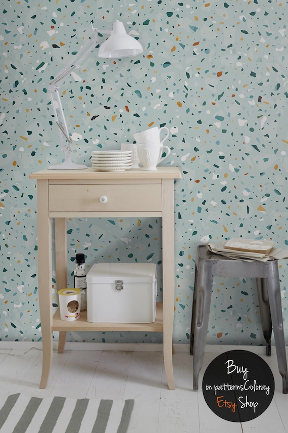 Neutral Light Green Terrazzo Wallpaper Mosaic Wall Mural Etsy