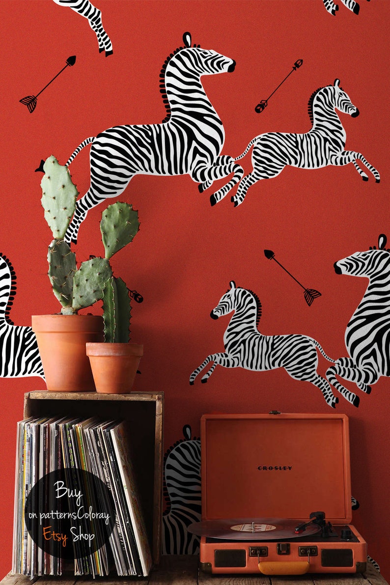 Papel pintado de cebra voladora roja / Decoración de pared abstracta / Estampado de cebras saltando / Calcomanía de pared retro / Papel pintado de animales 156 imagen 1