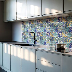 Ceramic Patterns In Mosaic Tile Stickers, Blue Peel and Stick Tiles, Tile Stickers, Texture PVC Floor Tiles, Floor Tile Stickers