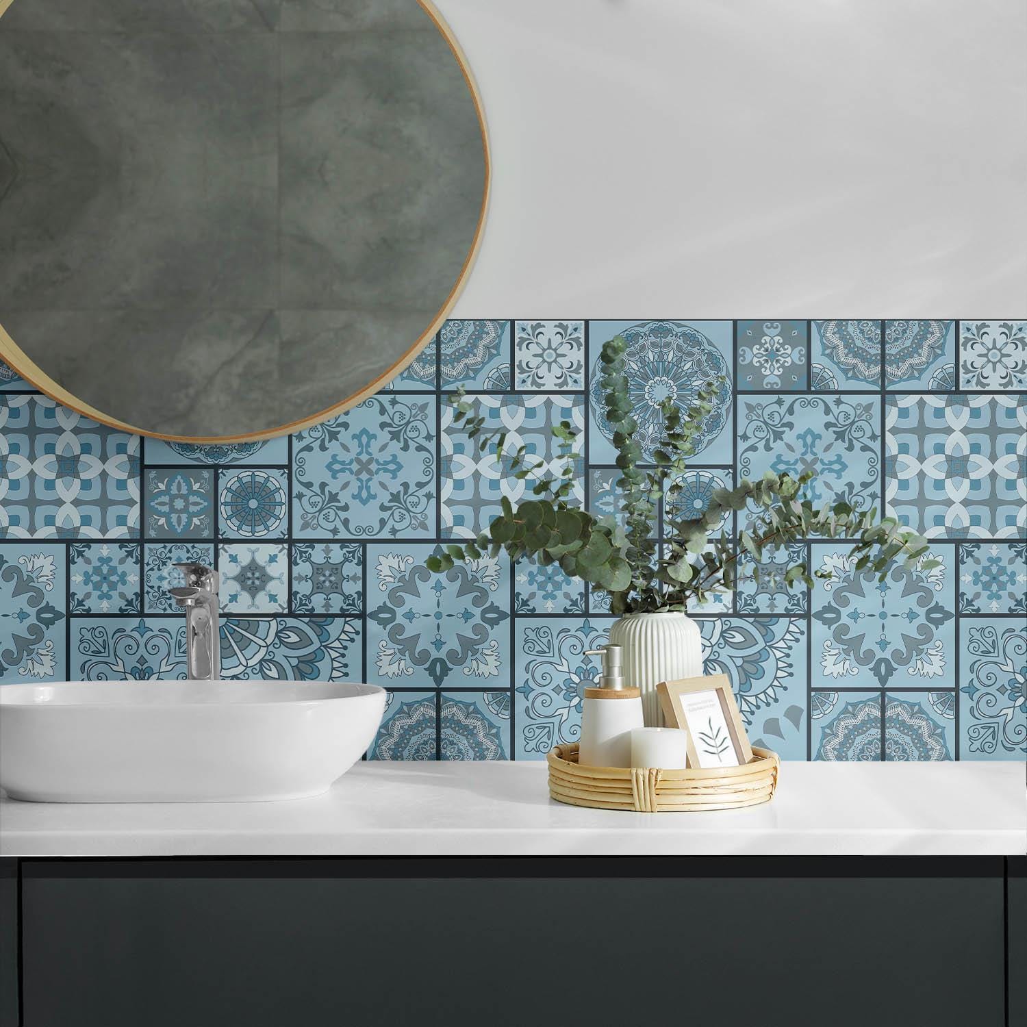 Sticker Decorative Panel Geometric Mosaic Panel Stickers, Blue Removable Panels, Splashback ...