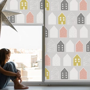 Roller Blinds, Light Diffusing or Darkening, Colorful drawn houses, Yellow and White, Architecture, Kitchen Blinds, Printed Shades, Blackout