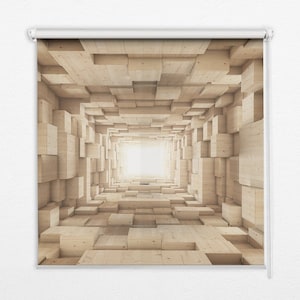 Peut inclure: Une illustration numérique d'un tunnel composé de blocs de bois. Le tunnel est éclairé par une lumière vive au bout, créant une impression de profondeur et de perspective.